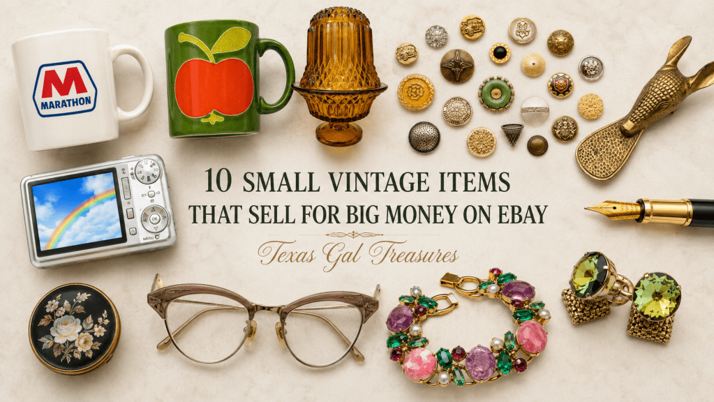 Small vintage items worth money including mugs, fairy lamp, buttons, brass collectible, digital camera, compact, eyeglasses, bracelet, cufflinks and fountain pen