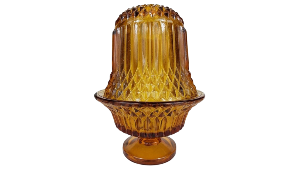Amber pressed glass fairy lamp with matching shade and pedestal base