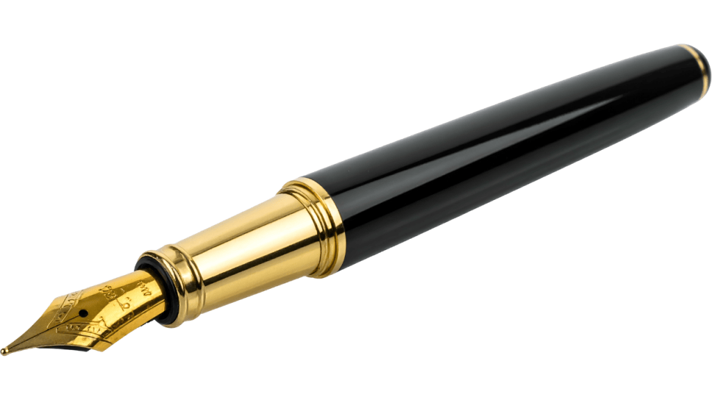Black fountain pen with gold-tone trim and exposed gold nib