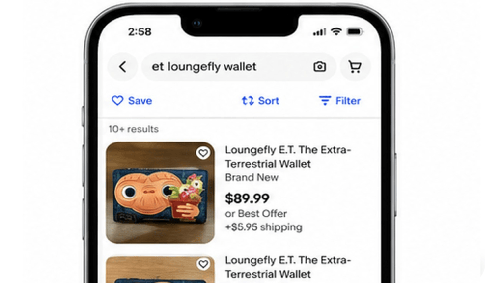 eBay app search results for an E.T. Loungefly wallet