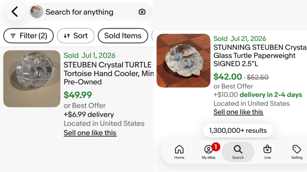 eBay image-search results suggesting a Steuben crystal turtle