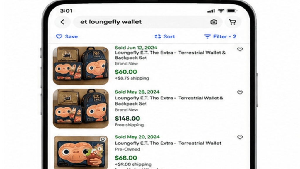 Sold eBay listings for E.T. Loungefly wallets