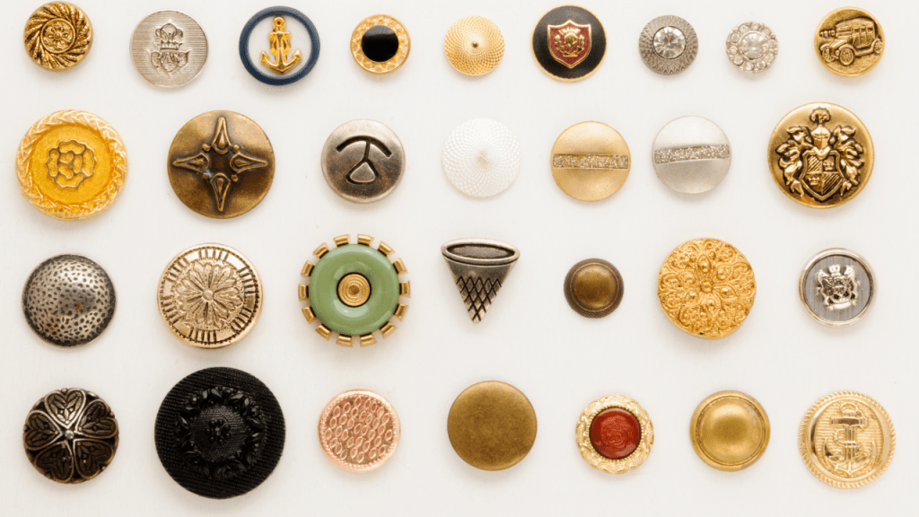 Assortment of decorative vintage buttons in metal, glass and pearl-like finishes
