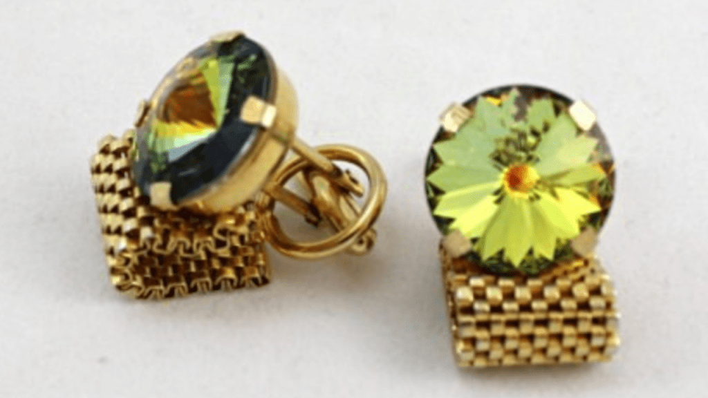 Pair of vintage gold-tone cufflinks with rivoli faceted green rhinestone stones