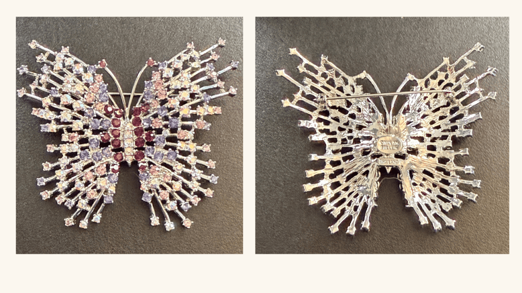 Front and back of a vintage brooch showing jewelry construction and clasp