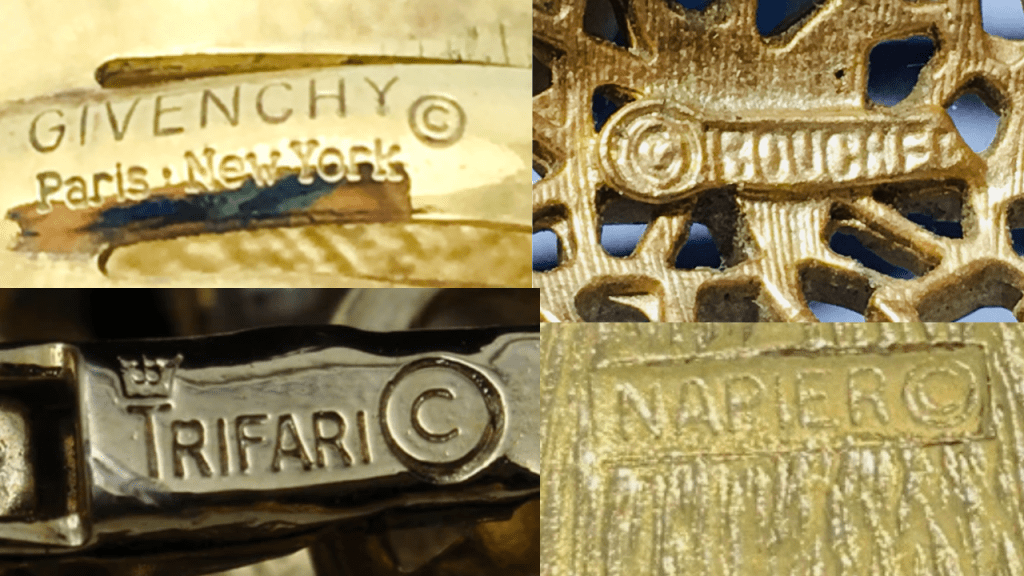 Close-up examples of Givenchy, Boucher, Trifari and Napier vintage jewelry maker's marks
