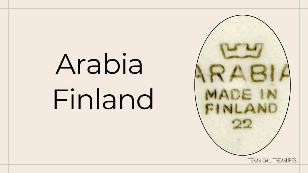 Close-up of vintage Arabia Finland ceramic backstamp reading Arabia Made in Finland