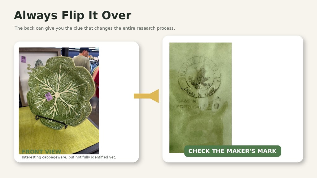 Green cabbage platter and faded maker’s mark on the back used for identification