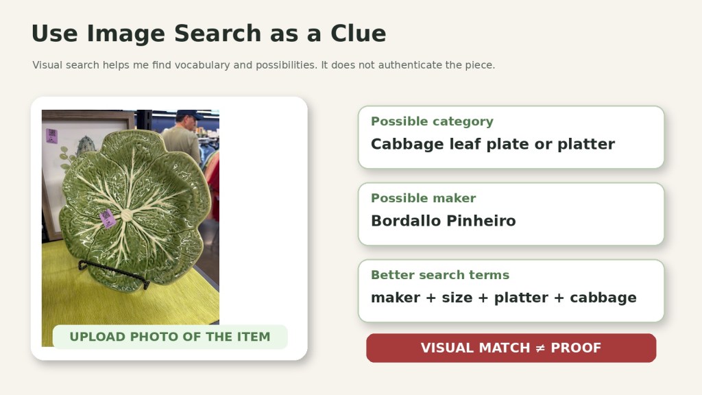 Visual search example using a green cabbage platter to find similar thrift-store items and keywords