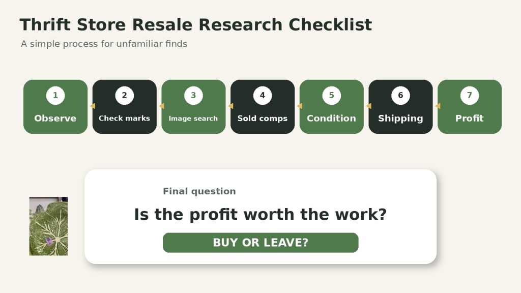 Step-by-step thrift-store resale research checklist from identification through profit decision