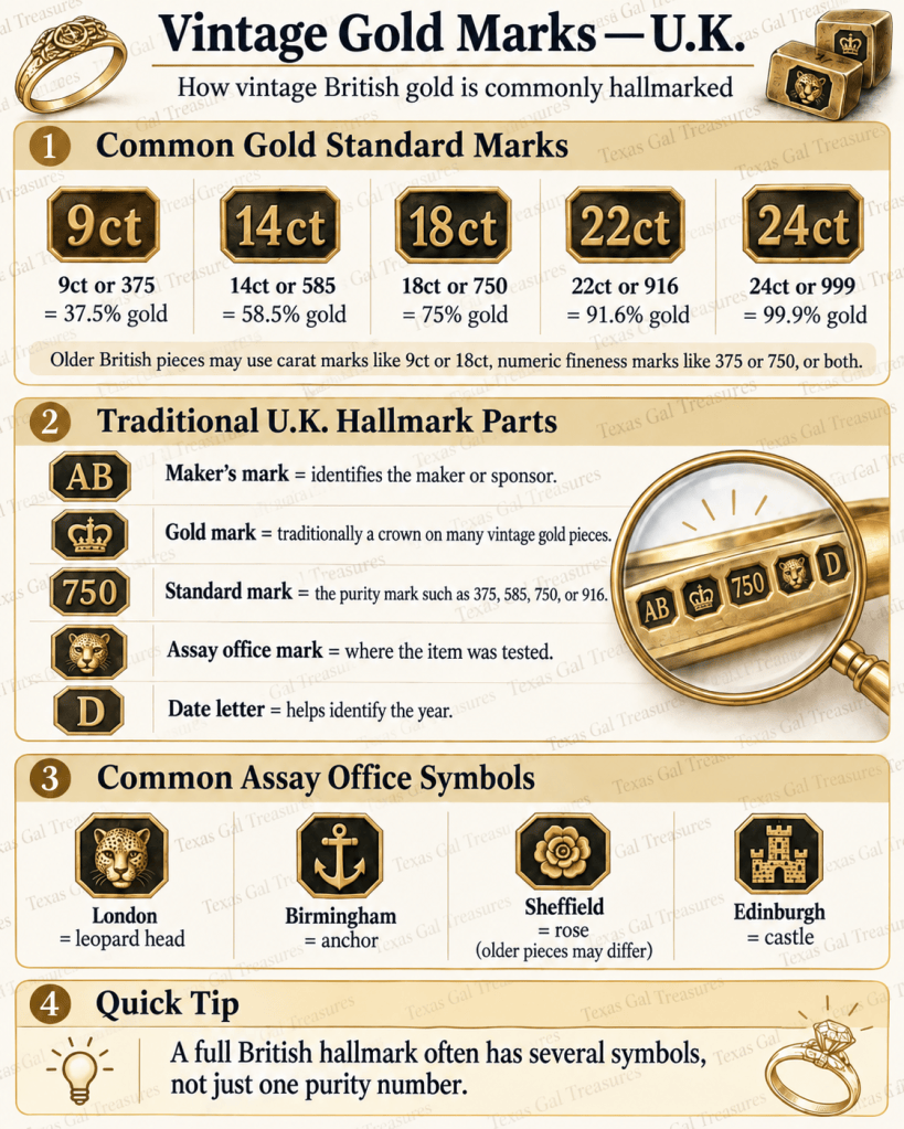 Vintage British gold hallmarks showing gold purity marks assay office symbols and date marks